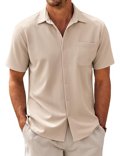COOFANDY Hemd Herren Kurzarm Herringbone Freizeithemd Modische Hemden mit Tasche Männer Sommerhemd Arbeitshemd Textured Shirt Mond Grau XXL von COOFANDY