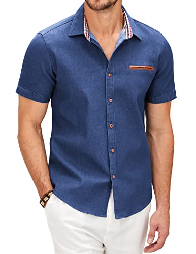 COOFANDY Hemd Herren Kurzarm Jeanshemd Sommer Leichtes Freizeithemd Jeans Hemden für Herren Kurzarmhemden Slim Fit T-Shirt Cowboy-Style Business Büro Hemd Männer Blau XXL von COOFANDY