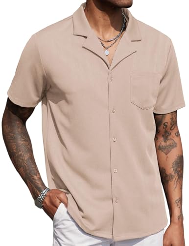 COOFANDY Hemd Herren Kurzarm Kubanisches Hemd Sommer Freizeithemden Kuba Hemden Männer Bügelfrei Hemd Regular Fit Strand Hemd Khaki L von COOFANDY