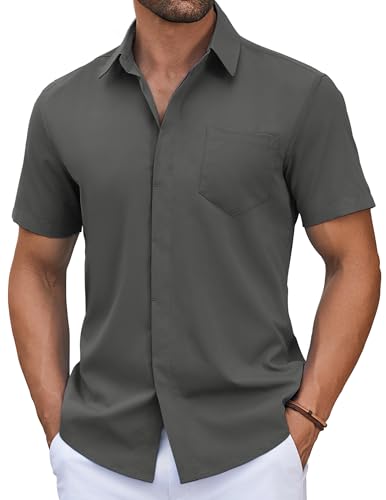 COOFANDY Hemd Herren Kurzarm Kurzarmhemd Sommer Hemd Freizeithemd Regular Fit Sommerhemd Herrenhemden Kurzarm mit Brusttasche Grau M von COOFANDY