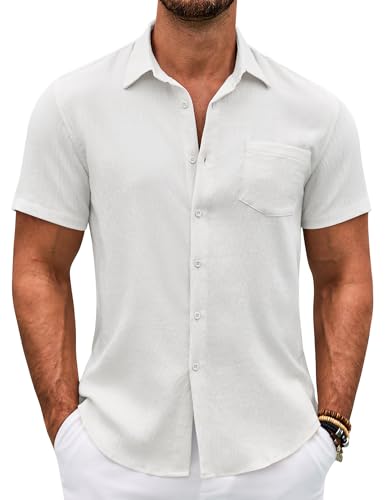 COOFANDY Hemd Herren Kurzarm Leichtes Sommerhemd Freizeit Button Down Kurzarmhemd Leinen Musselin Tropenhemd Weiß XXL von COOFANDY