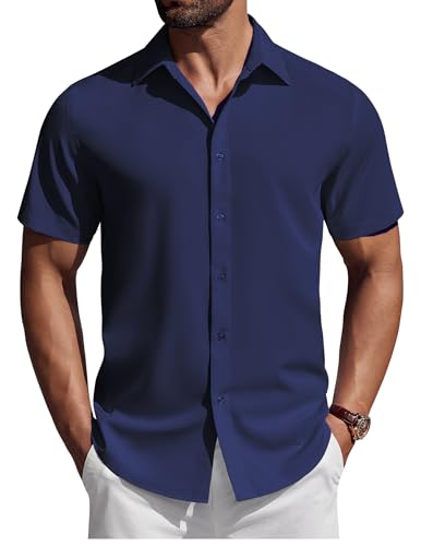 COOFANDY Hemd Herren Kurzarm Leichtes Sommerhemd Freizeithemd Bügelleichte Businesshemd Anzug Hemd Arbeitshemd Kurzarmhemd Marineblau L von COOFANDY