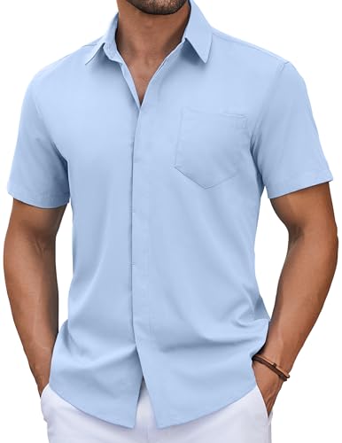 COOFANDY Hemd Herren Kurzarm Leichtes Sommerhemd Freizeithemd Kurzarmhemd Regular Fit Herrenhemden Kurzarm Strandhemden mit Tasche Hellblau XXL von COOFANDY