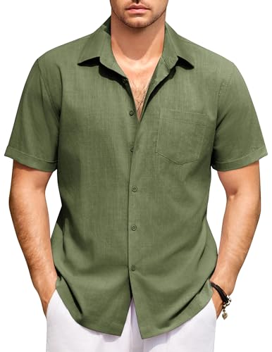 COOFANDY Hemd Herren Kurzarm Baumwoll Sommer Hemden Kurzarmhemd Regular Fit Herrenhemd Kurzarm Leinenhemd Strand Hemd Freizeithemd Basic Shirt Armeegrün XXL von COOFANDY