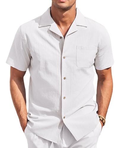 COOFANDY Hemd Herren Kurzarm Leinenhemd Baumwolle Freizeit Sommerhemd Männer Casual Regular Fit Kurzarmhemd mit Tasche Weiß L von COOFANDY
