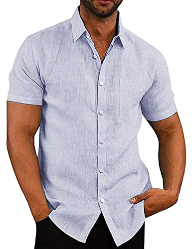 COOFANDY Hemd Herren Kurzarm Leinenhemd Leicht Sommerhemd Kurzarmhemd Freizeithemden für Herren Strandhemd Leinen Sommer Hemden Hellblaue Flecken M von COOFANDY