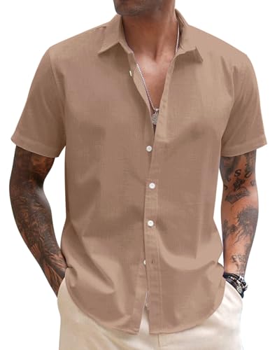 COOFANDY Hemd Herren Kurzarm Leinenhemd Casual Strand Hemd Sommer Leinen Shirt Basic-Shirts Herrenhemden Freizeithemd Buissnesshemd Dark Khaki M von COOFANDY