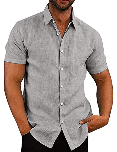 COOFANDY Hemd Herren Kurzarm Leinenhemd Sommerhemd Freizeithemd Baumwollhemd Strandhemd Urlaub Leinen Hemden Hochzeit Button Down Casual Shirt Hellgrau M von COOFANDY