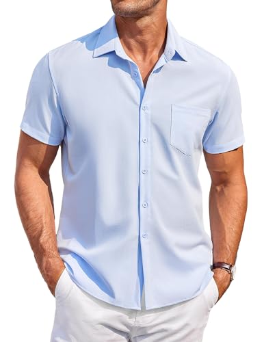 COOFANDY Hemd Herren Kurzarm Leinenhemd Freizeithemd Button Down Hemd mit Taschen Casual Shirts Regular Fit Sommer Hemd Blau L von COOFANDY