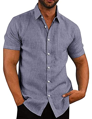 COOFANDY Herren Leinenhemd Kurzarm Sommerhemd Freizeithemd Blau M von COOFANDY