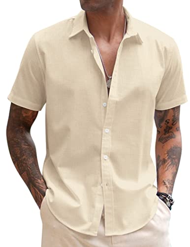 COOFANDY Hemd Herren Kurzarm Sommerhemd Leinen Hemd Buissnesshemd Kurzarmhemd Leinenshirt Strandhemd Herrenhemden Basic Shirts Freizeithemd Helles Khaki M von COOFANDY