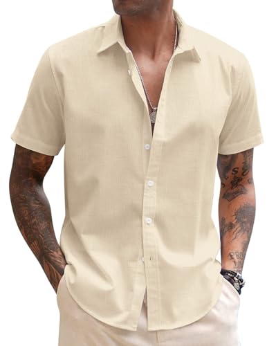 COOFANDY Hemd Herren Kurzarm Freizeithemden Für Herren Sommerhemd Camp Buissnesshemd Kurzarmhemd Leinenshirt Strandhemd Sommer Basic-Shirt Helles Khaki 2XL von COOFANDY