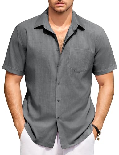 COOFANDY Hemd Herren Kurzarm Sommer Hemd Strand Freizeithemd Baumwoll Businesshemd Leinenhemd Regular Fit Shirt mit Brusttasche Leinen Shirt Dunkelgrau XXL von COOFANDY