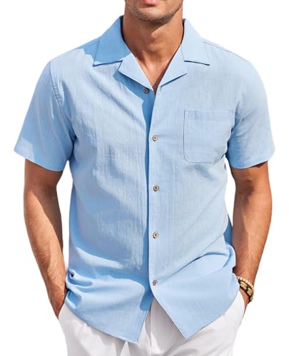 COOFANDY Hemd Herren Kurzarm Sommerhemd Kurzarmhemd Casual Leinen Baumwollhemd Button Down Regular Fit Freizeithemd Hellblau XL von COOFANDY