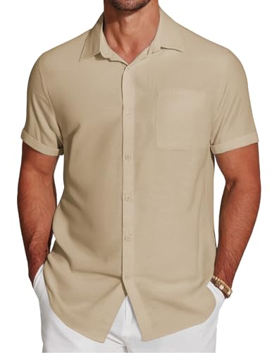 COOFANDY Hemd Herren Kurzarm Sommer Kurzarmhemd Strand Leichtes Sommerhemd Männer Hemden mit Brusttasche Khaki S von COOFANDY