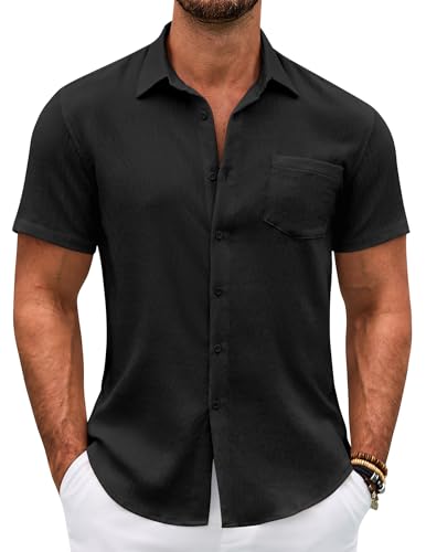 COOFANDY Hemd Herren Kurzarm Sommer Leicht Hemden Regular Fit Strand Leinen Männer Freizeithemden mit Brusttasche Schwarz M von COOFANDY