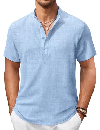 COOFANDY Hemd Herren Kurzarm Sommer Strandhemd Henley Hemd mit Stehkragen Sommer Shirt Urlaub Freizeithemden Casual Regular Fit Kurzarmhemd Männer Henley Knopfleiste Shirt Himmelblau M von COOFANDY