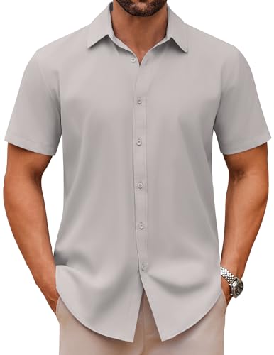 COOFANDY Hemd Herren Kurzarm Sommerhemd Bügelleichte Businesshemd Freizeithemd Regular Fit Kurzarmhemd Arbeitshemd Casual Hemd Hellgrau L von COOFANDY