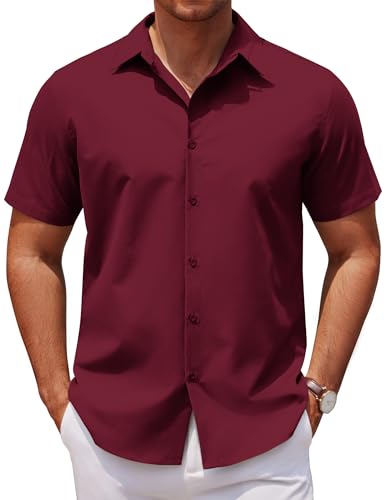 COOFANDY Herren Hemd Kurzarm Sommerhemd Kurzarmhemd Freizeithemd Slim Fit Bügelleichte Businesshemd Anzug Hemd Arbeitshemd Herrenhemd Datum Rot XXL von COOFANDY