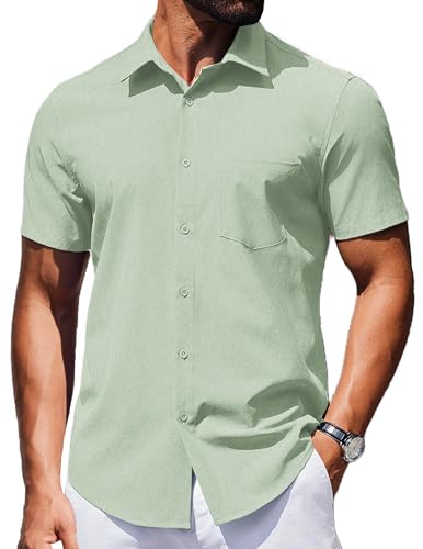 COOFANDY Hemd Herren Kurzarm Sommerhemd Casual Strandhemd Anzug Hemd Sommer Button Down Shirt Leicht Strand Hellgrün L von COOFANDY