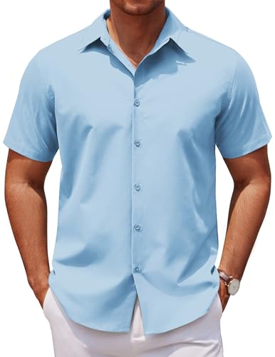COOFANDY Kurzarmhemd Herren Sommerhemd Regular Fit Businesshemd Freizeithemd Einfarbig Anzug Hemd Arbeitshemd Smoking Hemden Männer Hell Blau L von COOFANDY