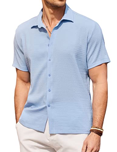 COOFANDY Hemd Herren Kurzarm Sommerhemd Freizeithemden Kurzarmhemd Strand Hemd Männer Herrenhemden Kurzarm Basic-Shirt Sommer Bügelfrei Reise Shirt Himmelblau L von COOFANDY