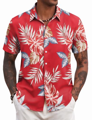 COOFANDY Hawaii Hemd Männer Blumen Hemden Herren Hemd Sommer Hawaiihemd Kurzarm Sommerhemd Herrenhemd Kurzarm Hawaii Outfit Kurzarmhemd Rot Rot & Blättermuster S von COOFANDY
