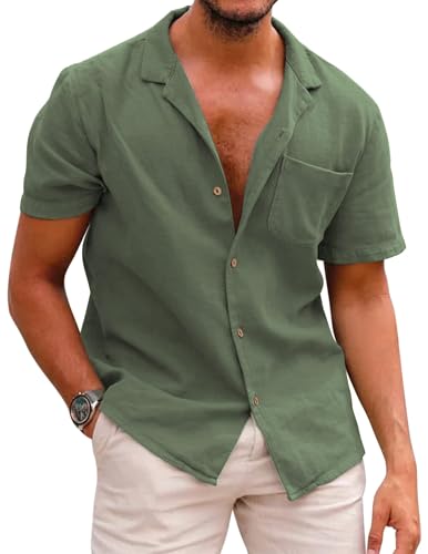 COOFANDY Hemd Herren Kurzarm Sommerhemd Herrenhemd Freizeit Hawaiihemd Button Down Leinenhemd Strand Shirt Grün L von COOFANDY