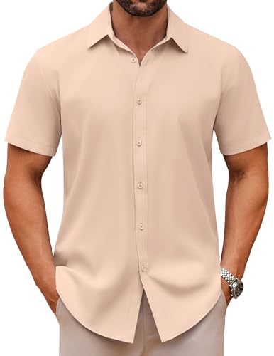 COOFANDY Herren Hemd Kurzarm Leichts Sommer Businesshemd Freizeithemd Kurzarmhemd Arbeitshemd Einfarbig Office Hemd Hochzeitshemd Sekt 3XL von COOFANDY