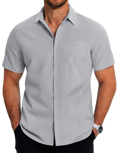 COOFANDY Hemd Herren Kurzarm Businesshemd Sommerhemd Herrenhemden Kurzarm Freizeithemden Regular Fit Kurzarmhemd mit Brusttasche Casual Strand Hemd Hellgrau XL von COOFANDY