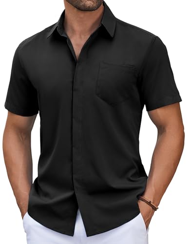 COOFANDY Hemd Herren Kurzarm Leichtes Sommerhemd Freizeithemd Kurzarmhemd Herrenhemd Kurzarm Strandhemd mit Brusttasche Schwarz L von COOFANDY