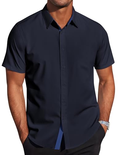 COOFANDY Hemd Herren Kurzarm Sommerhemd Leicht Herrenhemd Kurzarm Strandhemd Dünnes Kurzarmhemd Bügelfreies Freizeithemd Business Hemd Regular Fit Dunkelblau L von COOFANDY