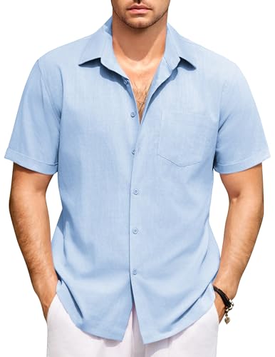 COOFANDY Hemd Herren Kurzarm Sommerhemd Leichtes Leinen Hemden Kurzarmhemd Regular Fit Baumwoll Herrenhemden Kurzarm Freizeithemd Leinen Shirts mit Brusttasche Klares Blau M von COOFANDY