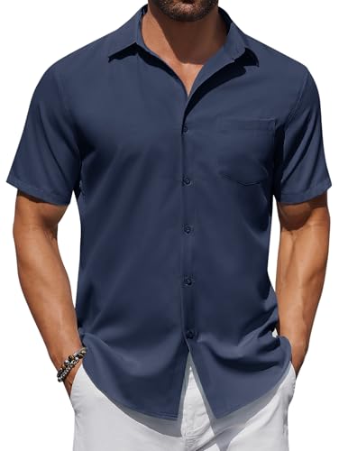COOFANDY Hemd Herren Kurzarm Sommerhemd Regular Fit Business Hemd Freizeithemd Herren Strandhemd mit Tasche Navy Blau L von COOFANDY