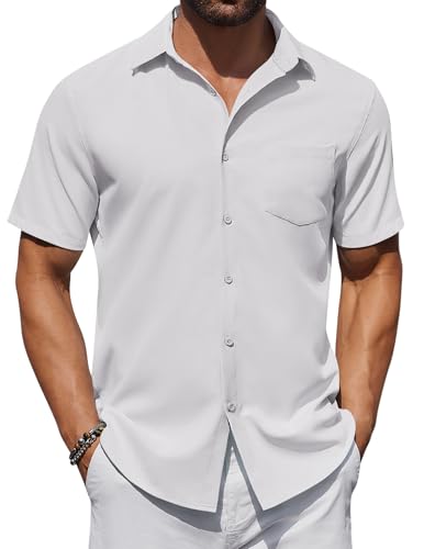 COOFANDY Hemd Herren Kurzarm Sommerhemd Regular Fit Business Hemd Freizeithemd Herren Strandhemd mit Tasche Weiß L von COOFANDY