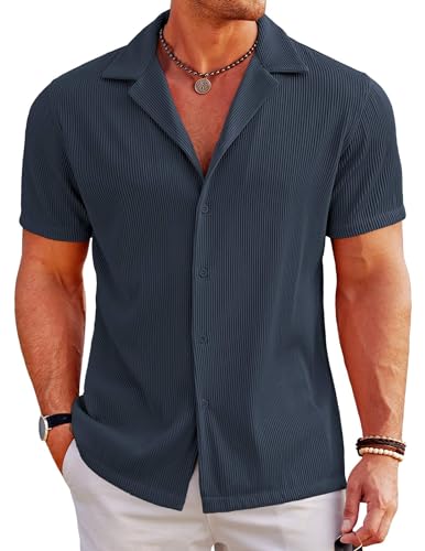 COOFANDY Sommerhemd Herren Kurzarmhemd Strandhemd Freizeithemd Urlaubshemd Herrenhemden Kurzarm Bügelfrei Urlaub Hemd Hawaii Hemd Blau Lila L von COOFANDY