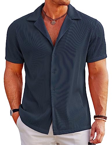 COOFANDY Sommerhemd Herren Kurzarmhemd Strandhemd Freizeithemd Urlaubshemd Herrenhemden Kurzarm Bügelfrei Urlaub Hemd Hawaii Hemd Blau Lila XL von COOFANDY