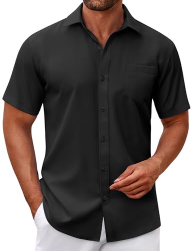 COOFANDY Hemd Herren Kurzarm Sommerhemd mit Brusttasche Button Down Businesshemd Casaul Shirt Regular Fit Schwarz XL von COOFANDY