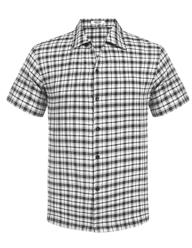 COOFANDY Herren Hemd Kurzarm Karierte Hemden Slim Fit Sommerhemd Kurzarmhemd Karohemd Flanellhemd Trachtenhemden Holzfällerhemd Herrenhemden Kurzarm Schwarz & Weiß Großes Karomuster XL von COOFANDY