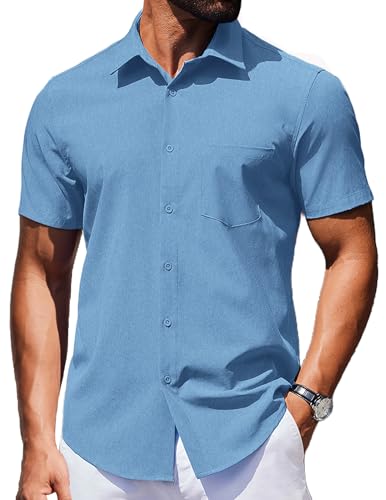 COOFANDY Herren Hemd Sommer Kurzarmhemd Casual Herrenhemd Kurzarm Freizeithemden für Männer mit Brusttasche Blau XL von COOFANDY