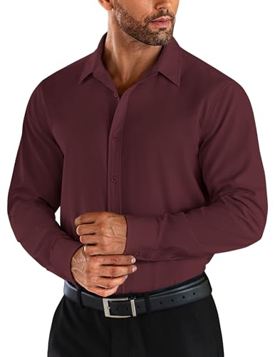 COOFANDY Hemd Herren Langarm Businesshemden Stretch Button Down Freizeithemd Bügelleichtes Regular Fit Hemden Weinrot L von COOFANDY