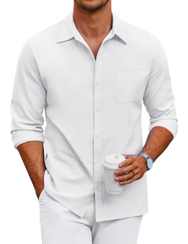 COOFANDY Hemd Herren Langarm Oxford Businesshemd Freizeit Langarmhemd Anzughemd Oberhemd Langarm Baumwolle Bügelfrei Herrenhemd Hochzeit Button-Down Männer Hemd mit Brusttasche Weiß L von COOFANDY