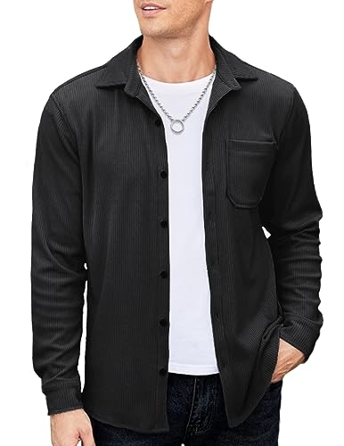 COOFANDY Hemd Herren Langarm Cordhemden Langarmhemd Hemdjacke Cordjacke Arbeitsjacke Langarm Männer Hemd Freizeithemden Arbeitshemd Bügelleicht Schwarz XXL von COOFANDY