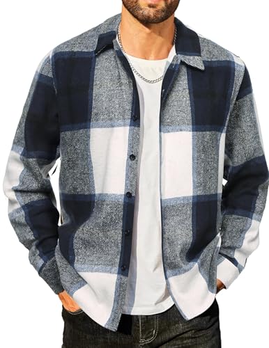COOFANDY Hemd Herren Langarm Flanell Kariertes Trachtenhemd Casual Button Holzfällerhemd Navy blau & Weiß M von COOFANDY