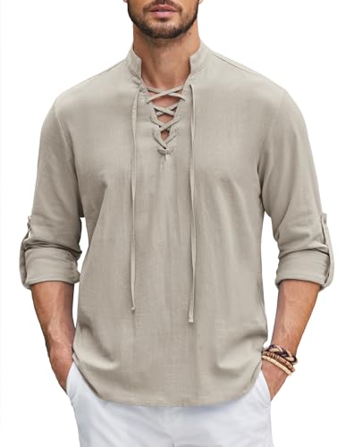 COOFANDY Hemd Herren Langarm Freizeithemd Herren Mitteralterhemd Herren Sommer Hemd mit Schnürung Hemden für Männer Strandhemd Piratenhemd Hellkhaki L von COOFANDY