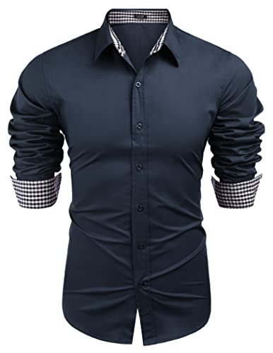 COOFANDY Hemd Herren Langarm Freizeithemd Kariert Herrenhemd Freizeithemd Regular Fit Business Hemd für Männer Navyblau L von COOFANDY