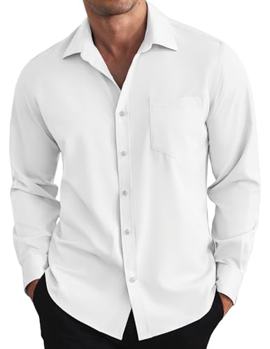 COOFANDY Hemd Herren Langarm Freizeithemden Businesshemden Button Down Hemd mit Tasche Weiß 3XL von COOFANDY