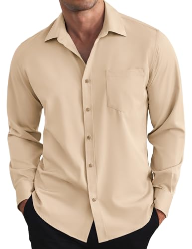 COOFANDY Hemd Herren Langarm Freizeithemden Businesshemden Button Down Hemd mit Tasche Weiß Beige XL von COOFANDY