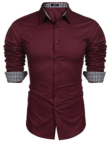 COOFANDY Herren Hemd Langarm Slim Fit Freizeithemd Diamant-Gitter Karohemd Business Hemd Männer Klassisch Hemden Langarmhemd,3-Wine Rot,L von COOFANDY