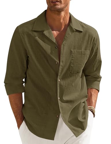 COOFANDY Herren Langarm Hemd Sommer Button Down Mit Taschen Regular Fit Freizeithemd Strand Armeegrün XXL von COOFANDY